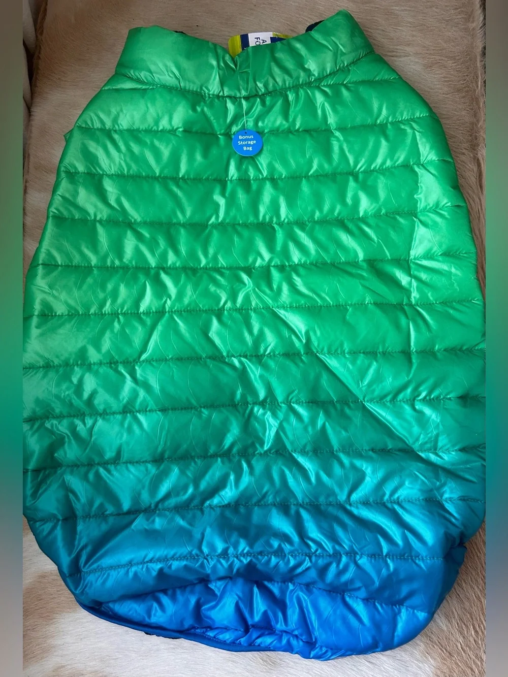 Dog Puffer Jacket Green Blue Ombre  Packable with Bag